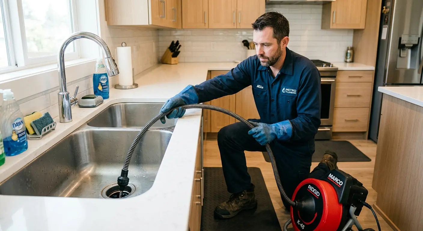 Drain cleaning technician using a motorized snake on a kitchen sink in Hopewell