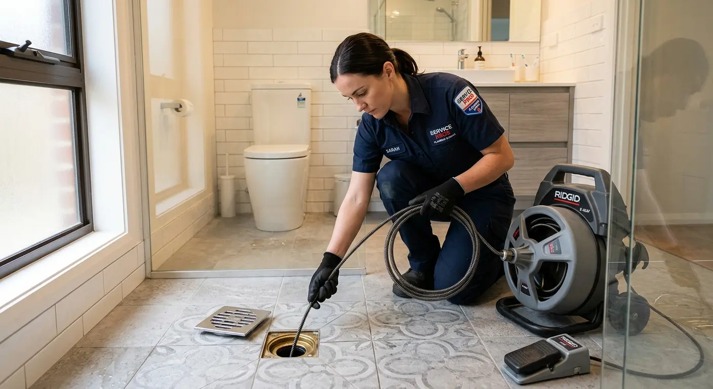 Technician clearing a bathroom floor drain for Drain Repair in Hopewell